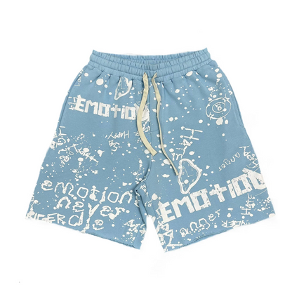 Mixed Emotion blue graffiti streetwear shorts with allover white graphic artwork and paint splatter design