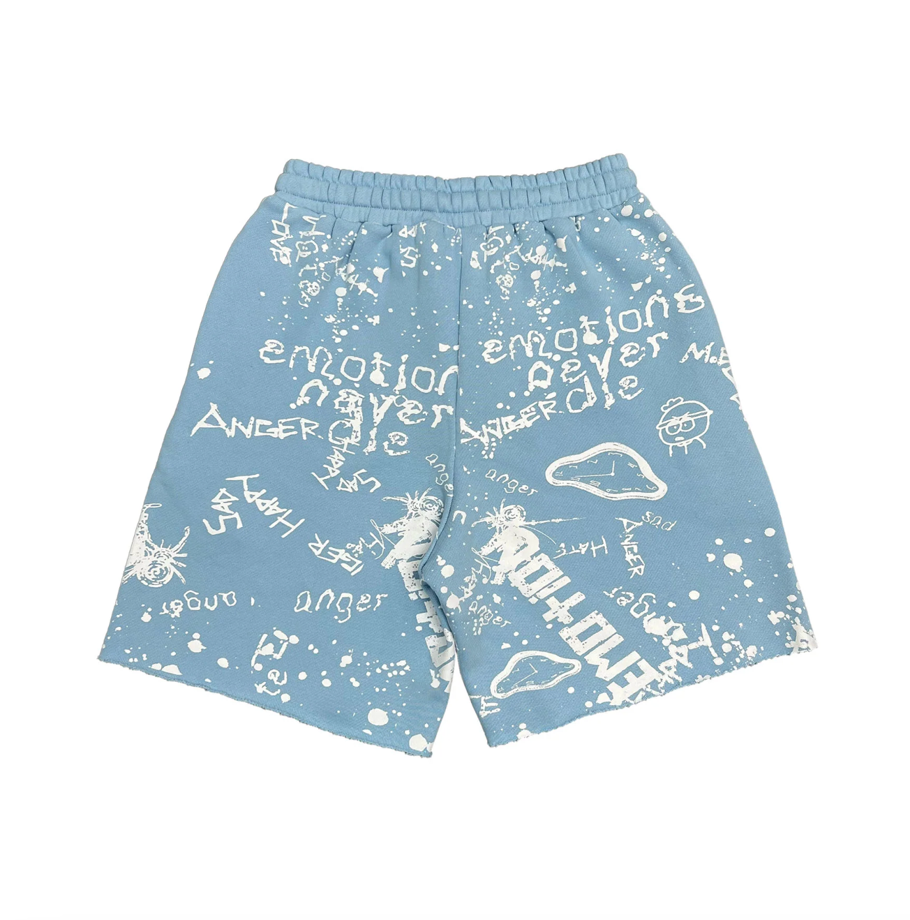 Mixed Emotion blue graffiti streetwear shorts with allover white graphic artwork and paint splatter design