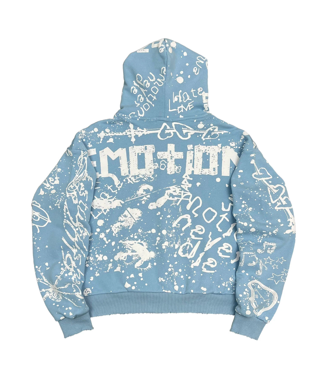 Mixed Emotion blue graffiti zip hoodie with allover white graphic streetwear artwork and paint splatter design