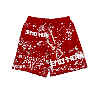 Mixed Emotion red graffiti streetwear shorts with allover white graphic artwork and paint splatter design