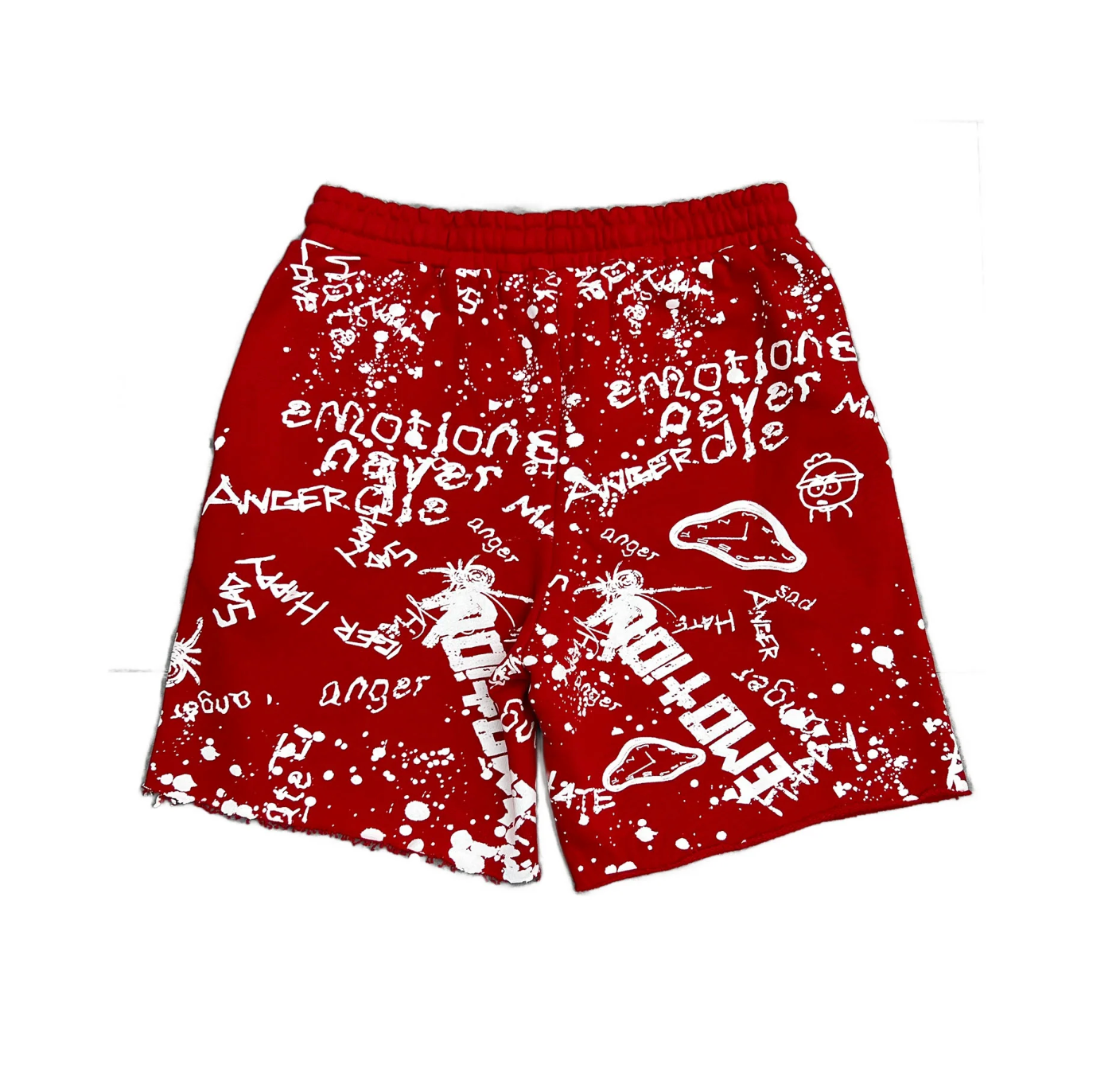 Mixed Emotion red graffiti streetwear shorts with allover white graphic artwork and paint splatter design