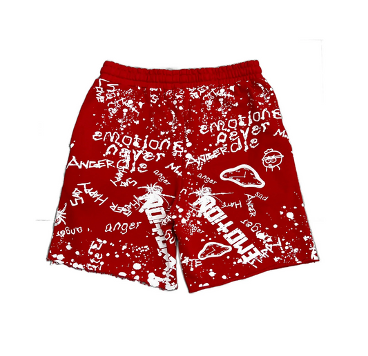 Mixed Emotion red graffiti streetwear shorts with allover white graphic artwork and paint splatter design