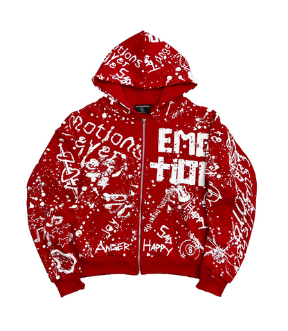 Mixed Emotion red graffiti zip hoodie with allover white graphic streetwear artwork and paint splatter design