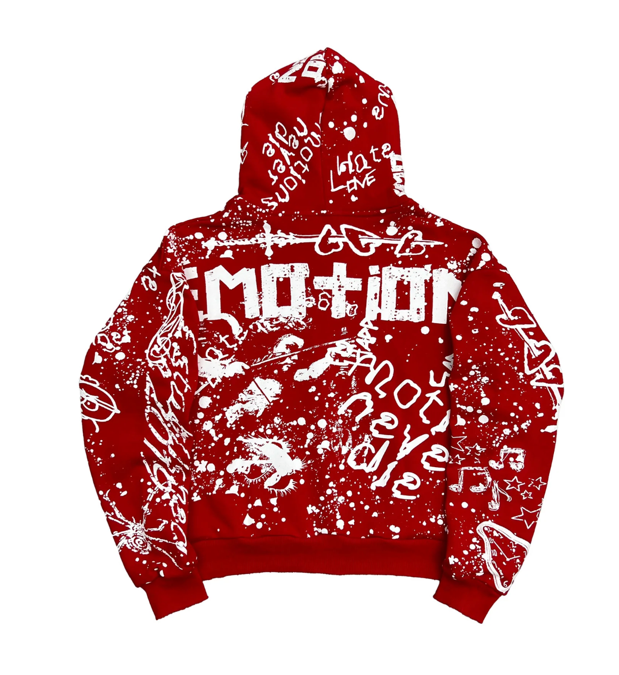 Mixed Emotion red graffiti zip hoodie with allover white graphic streetwear artwork and paint splatter design