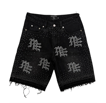 Mixed Emotion black rhinestone denim shorts with oversized ME graphics, distressed black wash, and allover crystal detailing
