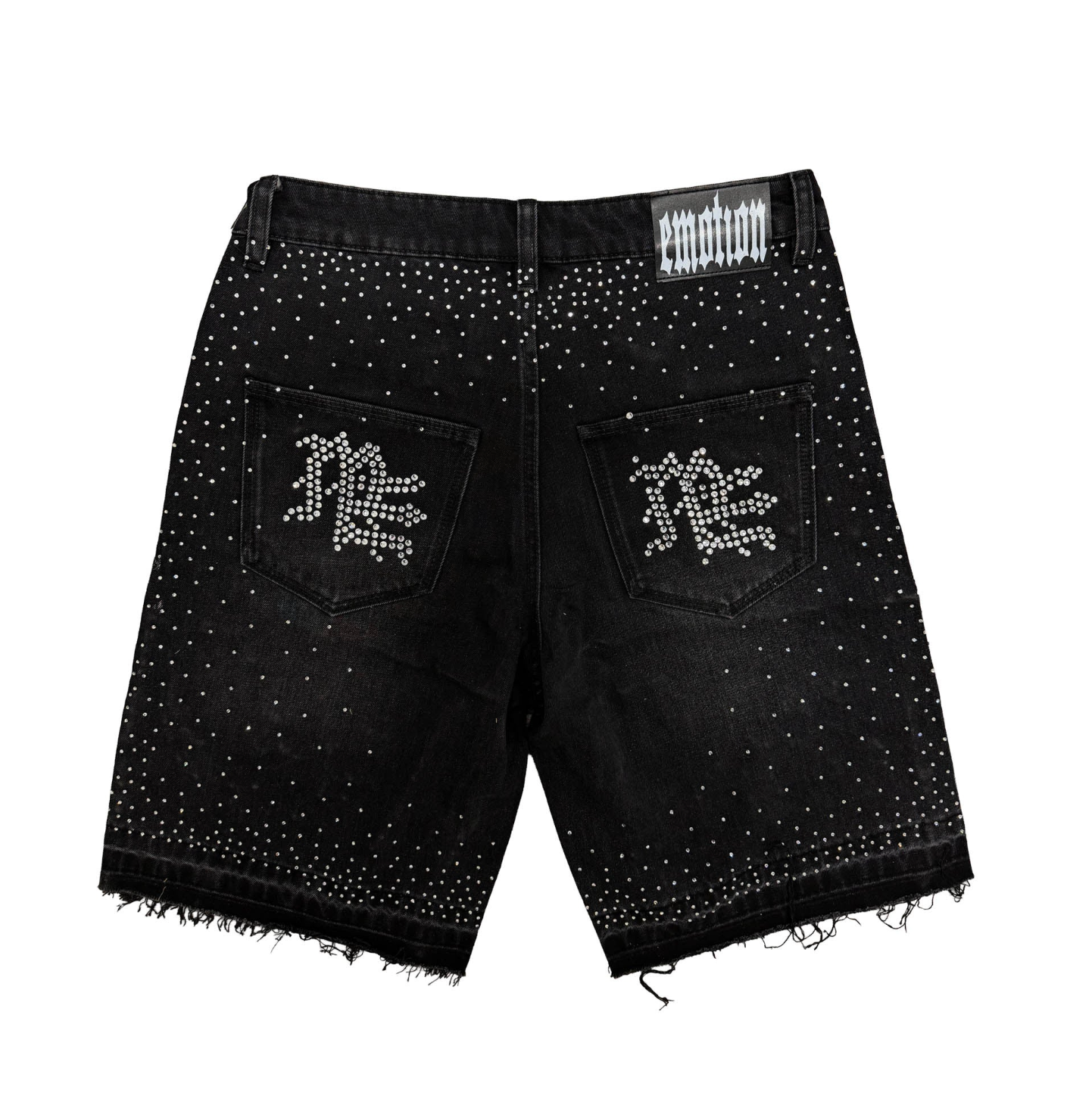 Mixed Emotion black rhinestone denim shorts with oversized ME graphics, distressed black wash, and allover crystal detailing