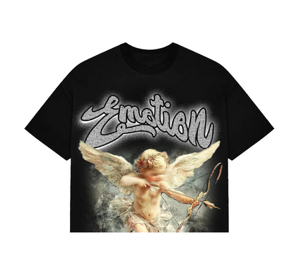 Mixed Emotion black cropped graphic tee with rhinestone Emotion logo and vintage cupid artwork streetwear design