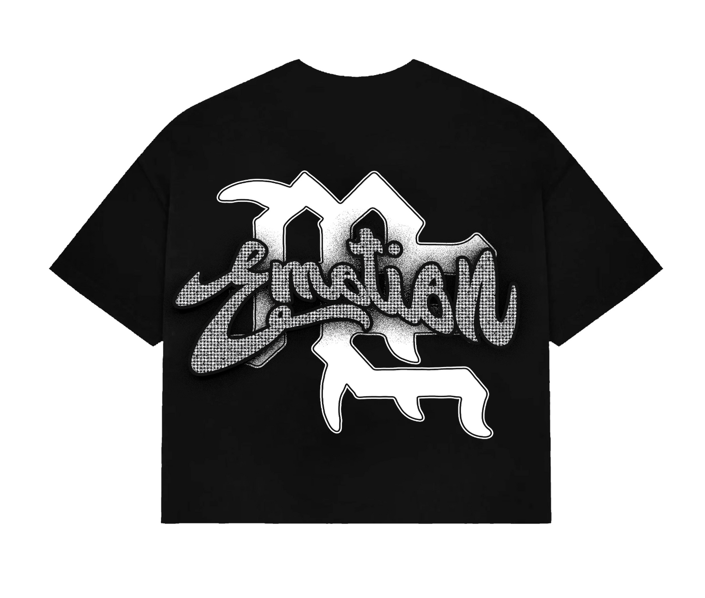 Mixed Emotion black cropped graphic tee with rhinestone Emotion logo and vintage cupid artwork streetwear design