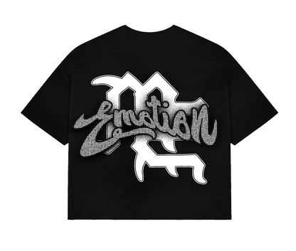 Mixed Emotion black cropped graphic tee with rhinestone Emotion logo and vintage cupid artwork streetwear design