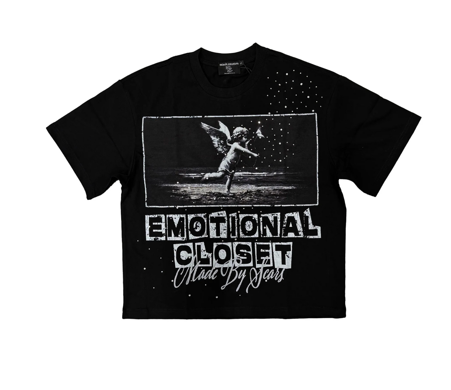 Mixed Emotion black graphic tee with Emotional Closet artwork, distressed lettering, angel graphics, and rhinestone-inspired streetwear details