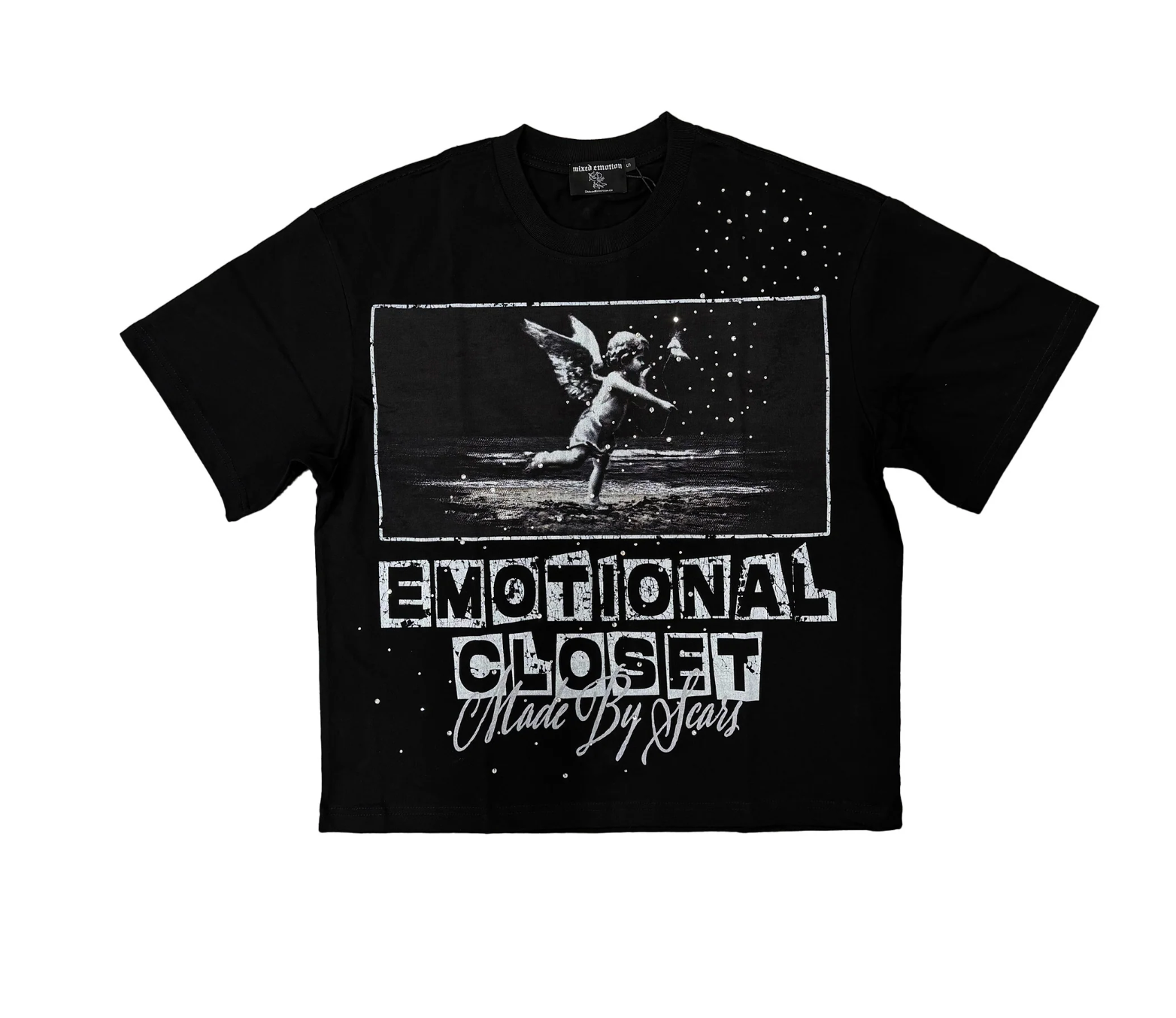 Mixed Emotion black graphic tee with Emotional Closet artwork, distressed lettering, angel graphics, and rhinestone-inspired streetwear details