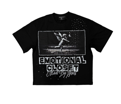 Mixed Emotion black graphic tee with Emotional Closet artwork, distressed lettering, angel graphics, and rhinestone-inspired streetwear details