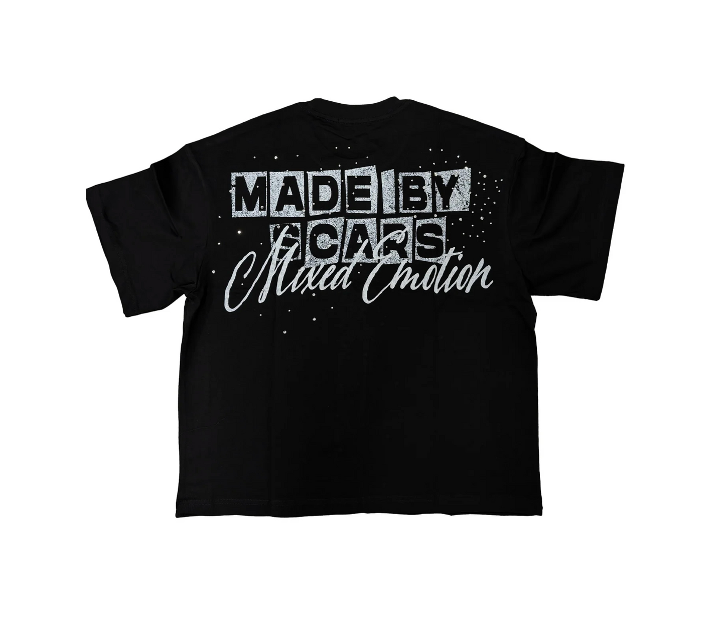 Mixed Emotion black graphic tee with Emotional Closet artwork, distressed lettering, angel graphics, and rhinestone-inspired streetwear details