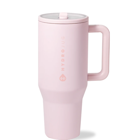 Hydrojug Pink travel mug with a handle on a white background