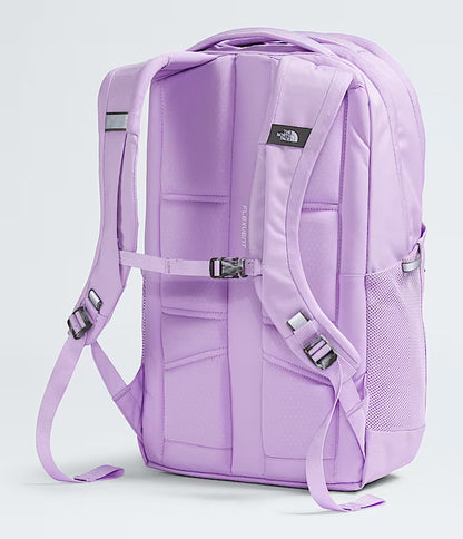 Purple backpack with visible branding on a light gray background