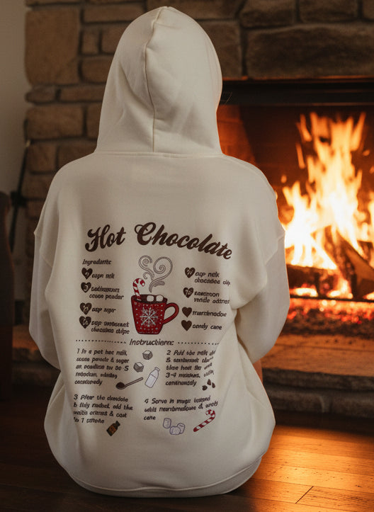 White hoodie with 'Hot Chocolate' recipe design on a white background