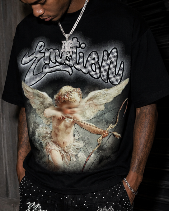 Mixed Emotion black cropped graphic tee with rhinestone Emotion logo and vintage cupid artwork streetwear design