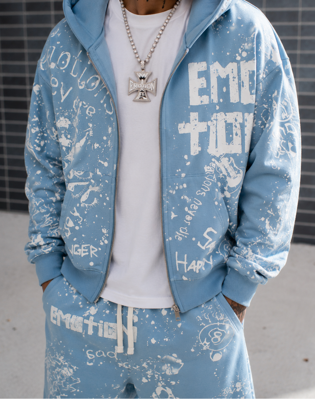 Mixed Emotion blue graffiti zip hoodie with allover white graphic streetwear artwork and paint splatter design