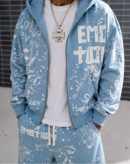 Mixed Emotion blue graffiti zip hoodie with allover white graphic streetwear artwork and paint splatter design