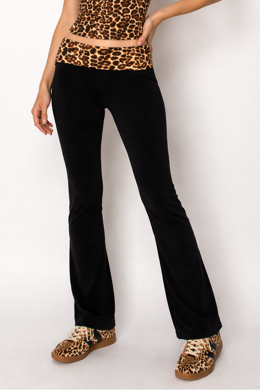 Leopard Print Fold Over Flare Yoga Pants – Cotton Stretch front view