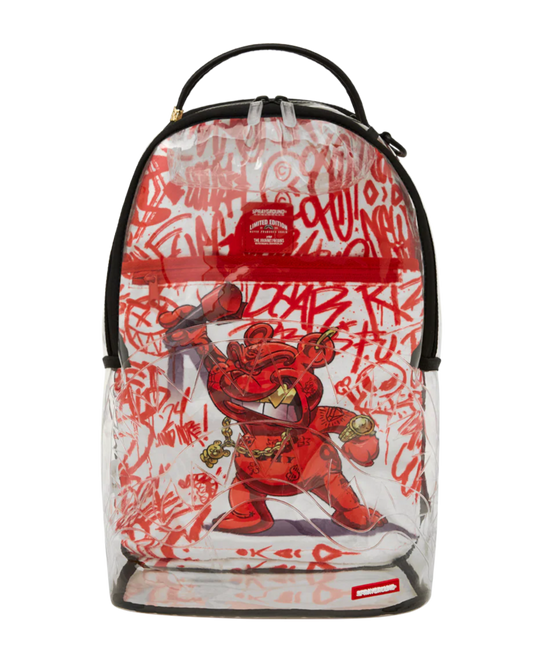 Clear backpack with red graphic design on a white background