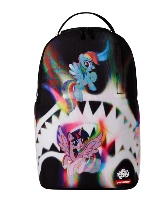 Backpack with colorful designs of ponies on a black background
