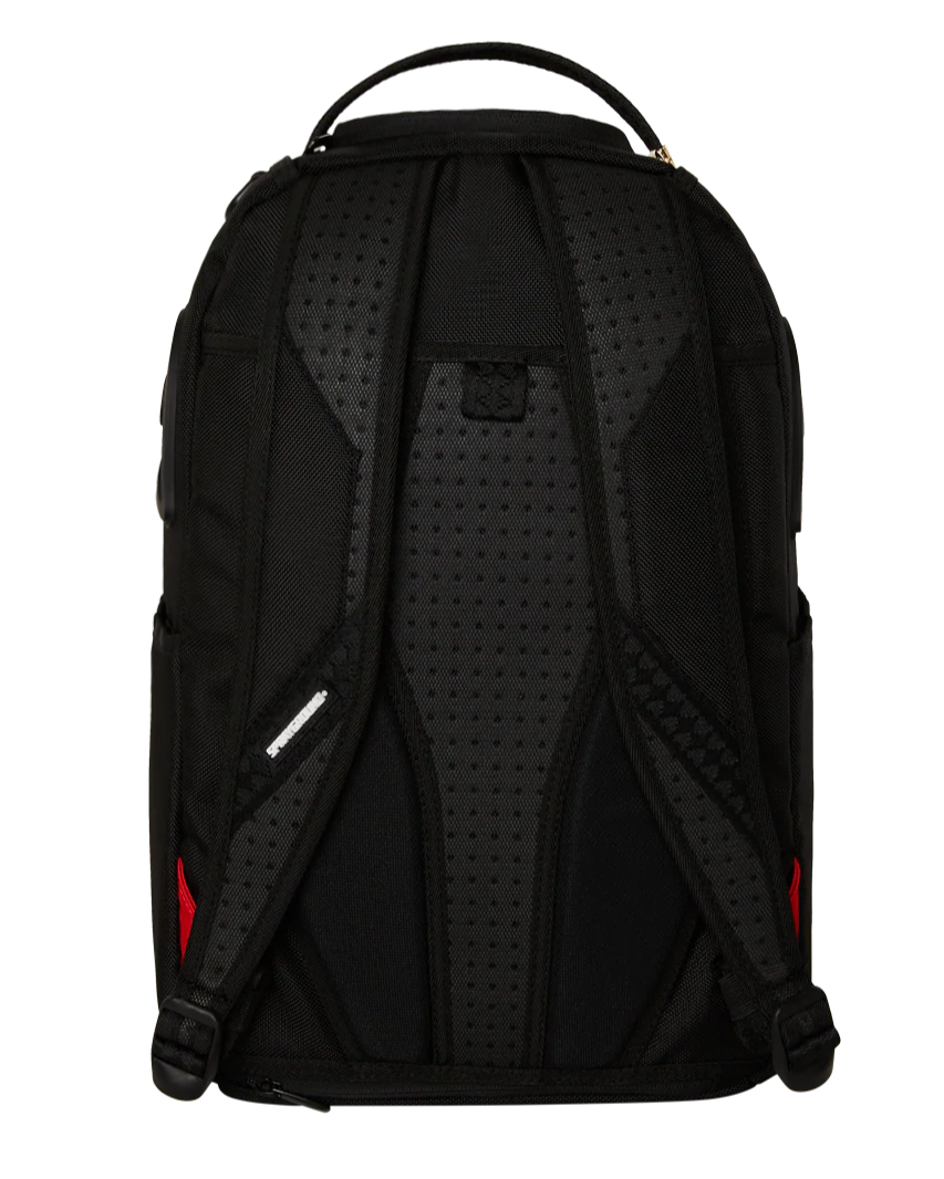 Black backpack with red accents on a white background