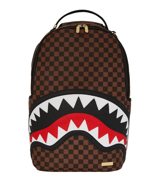 Backpack with checkered pattern and shark mouth design on a white background 