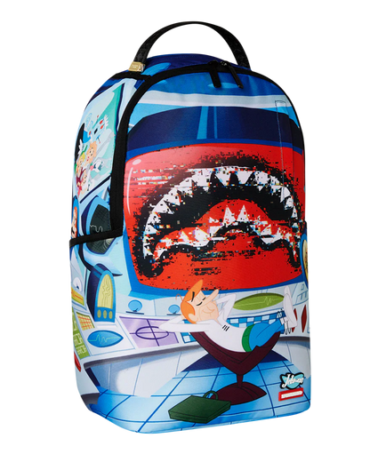 Backpack with a colorful design featuring a shark and abstract elements on a white background