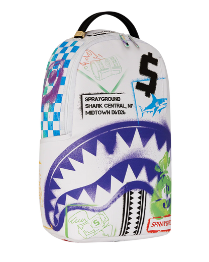 Backpack with colorful design and brand logos on a white background