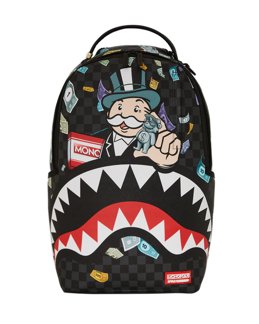 Backpack with a shark design and Monopoly-themed graphics on a white background 