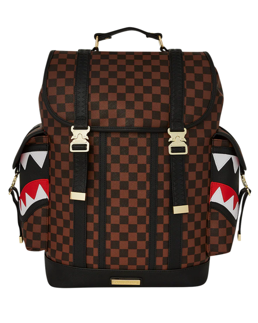 Checkered backpack with shark mouth design on a white background