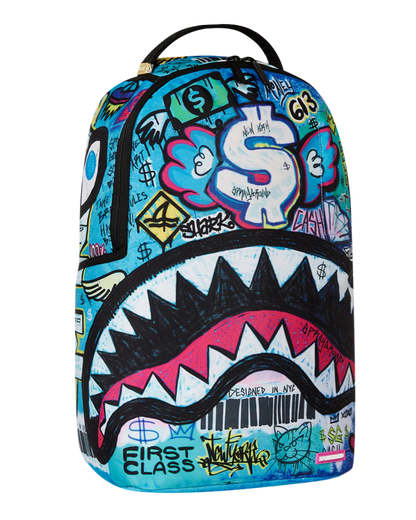 Colorful backpack with shark design and graffiti-style graphics on a white background