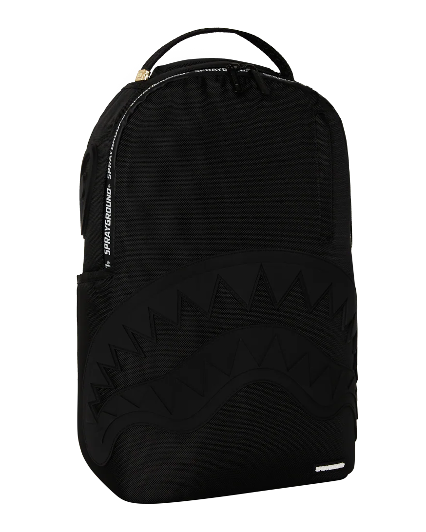 Black backpack with brand logo on a white background