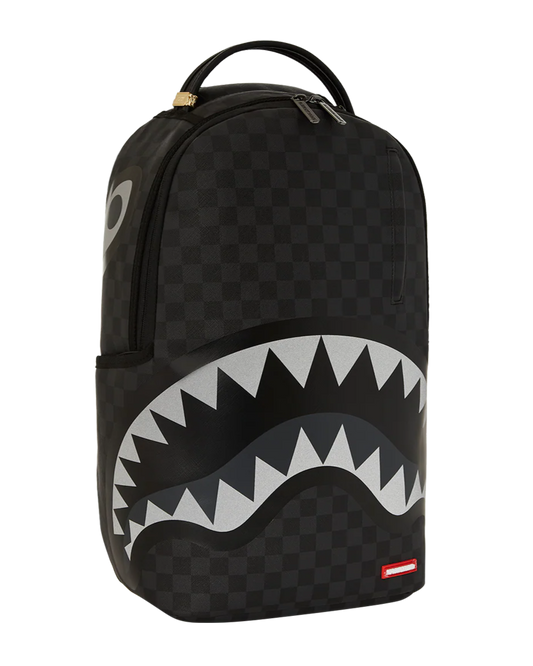 Black checkered backpack with shark mouth design on a white background