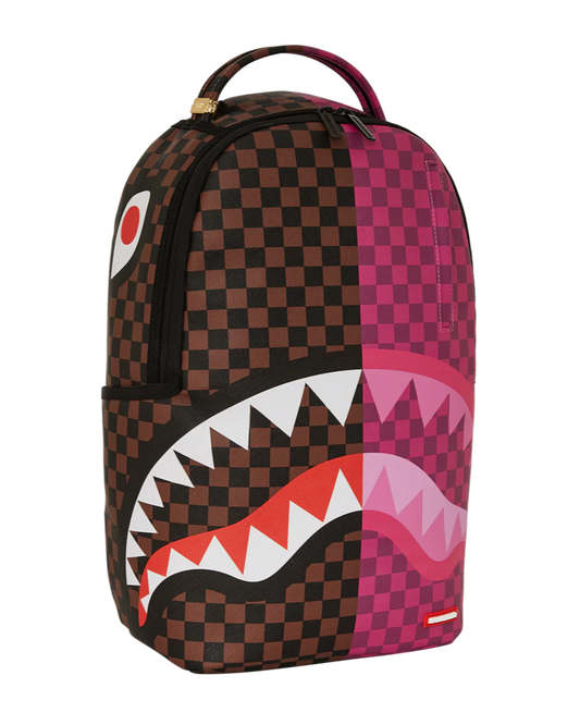 Backpack with checkered pattern and shark mouth design on a white background