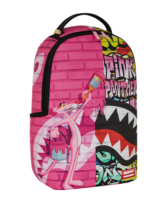 Backpack with colorful design featuring the Pink Panther and shark graphic on a pink background.