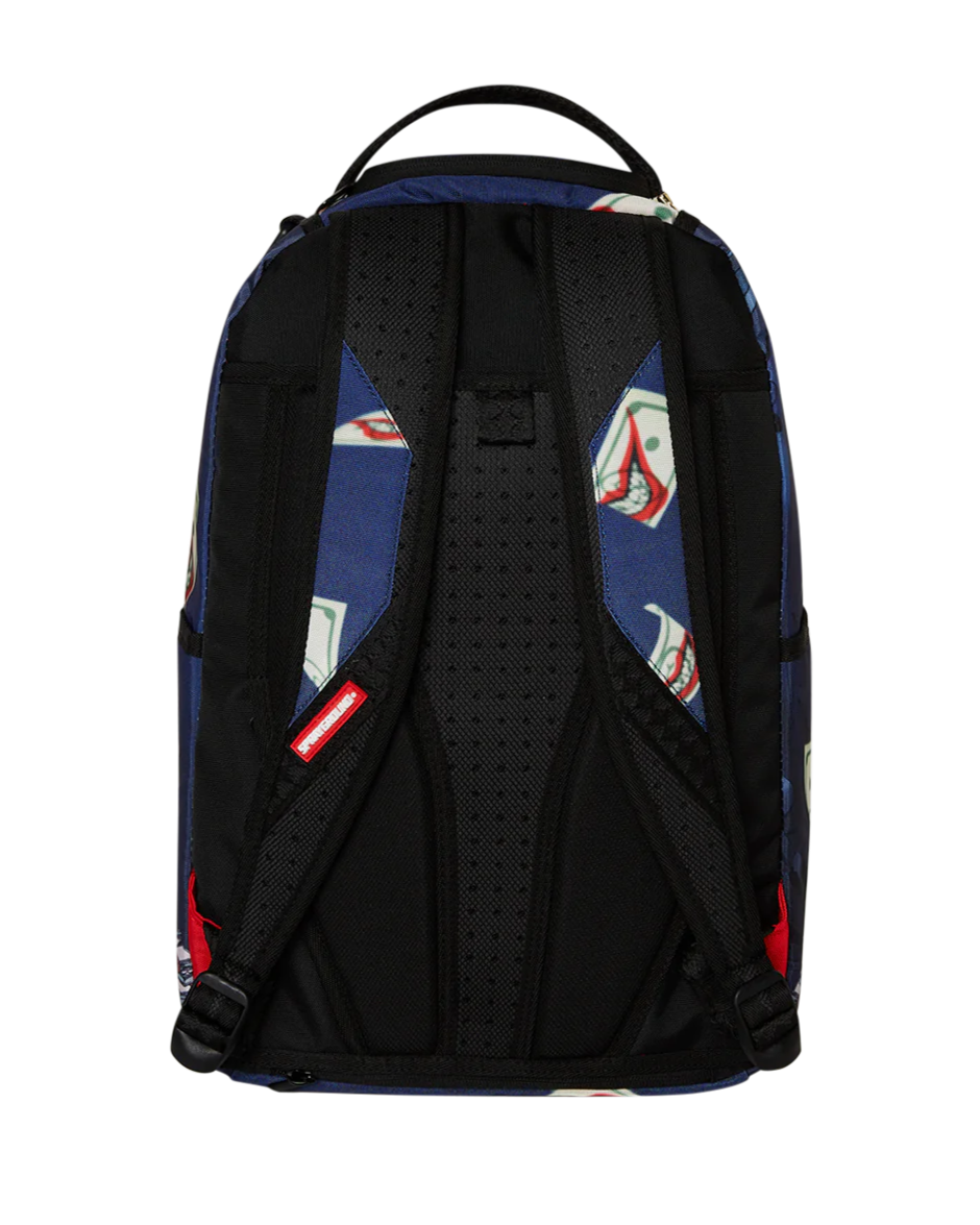Black backpack with colorful geometric patterns on a white background