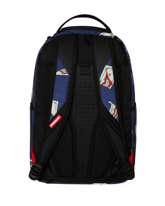 Black backpack with colorful geometric patterns on a white background