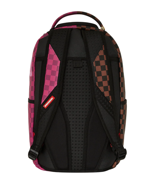 Black backpack with pink and brown checkered patterns on a white background