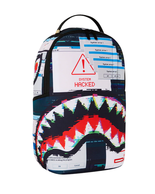 Backpack with a colorful design featuring a shark mouth and 'System Hacked' text on a white background.
