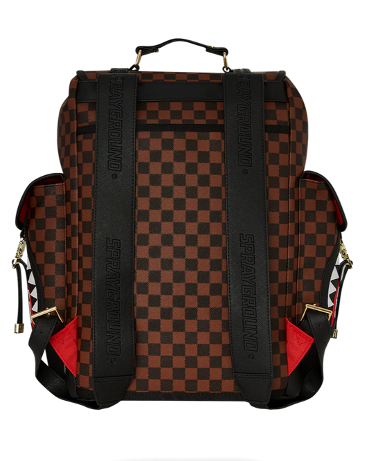 Checkered backpack with brown, black, and red pattern on a white background