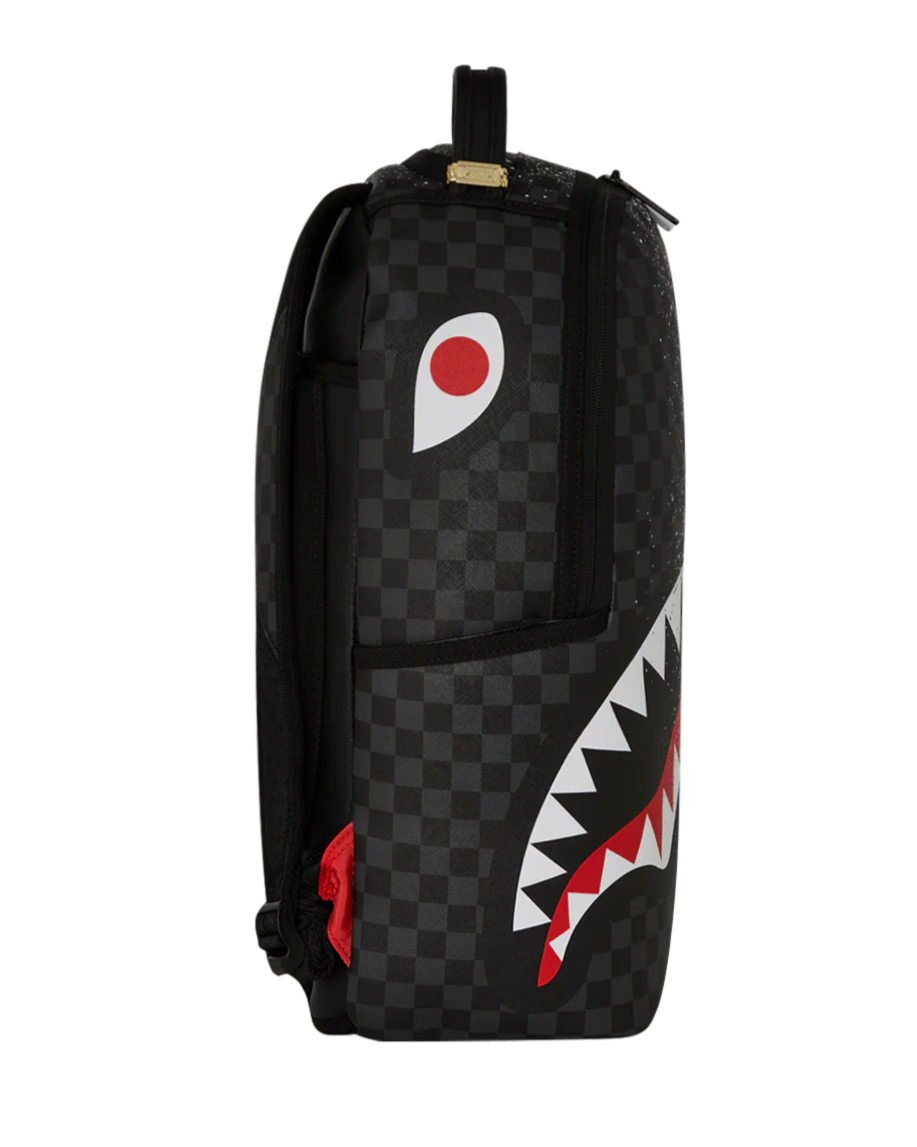 Black checkered backpack with a shark mouth design on a white background 