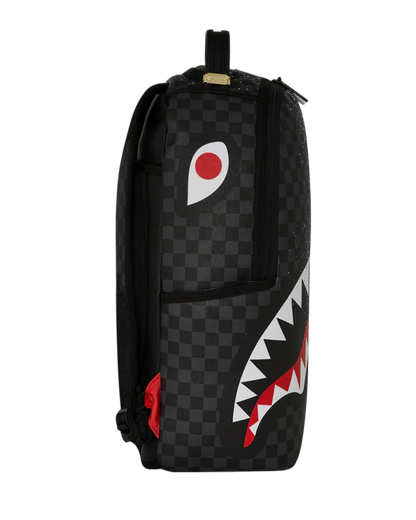 Black checkered backpack with a shark mouth design on a white background 