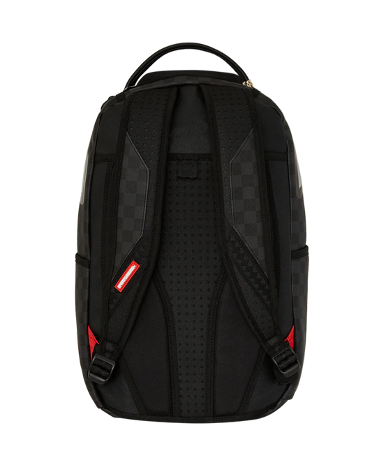 Black backpack with red accents on a white background