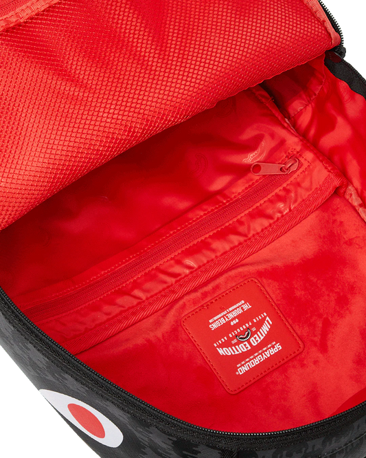 Red interior of a bag with a visible brand label