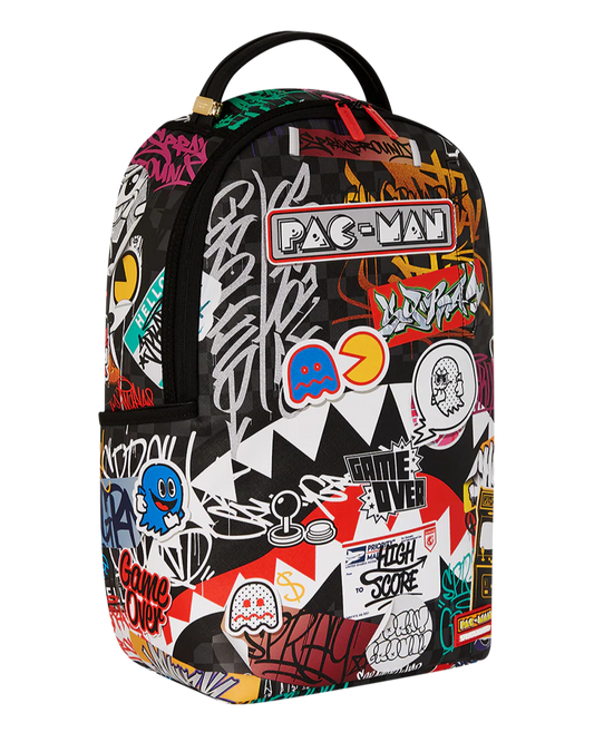Backpack with colorful graphics and 'Pac-Man' branding on a white background