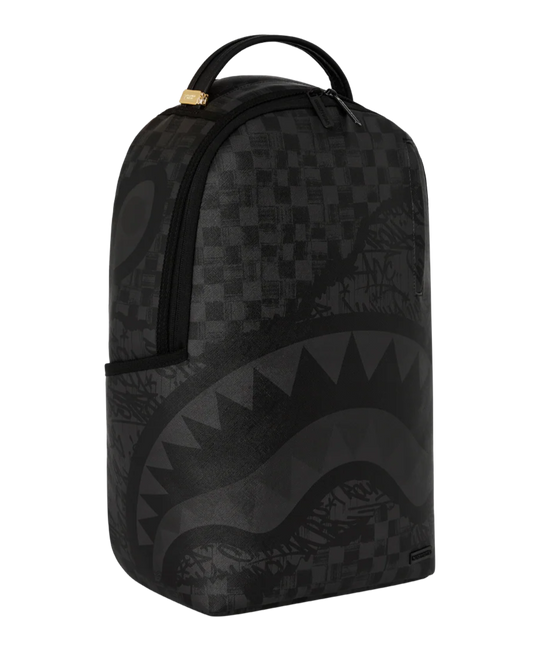 Black checkered backpack with a shark mouth design on a white background