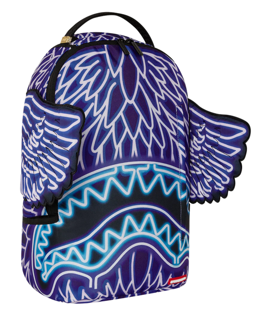 Backpack with blue and white wing design on a white background