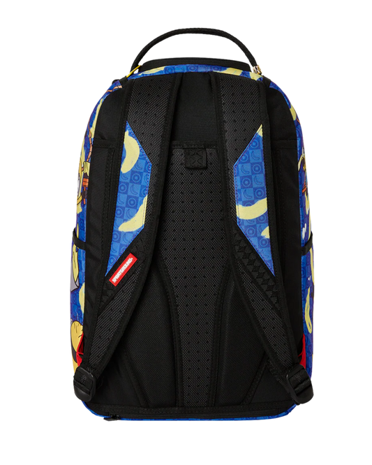 Backpack with colorful geometric pattern on a white background